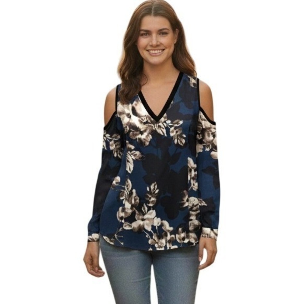 NWT RACHEL ROY Blouse Women S Cold Shoulder Floral V Neck Top Blue Black Beige